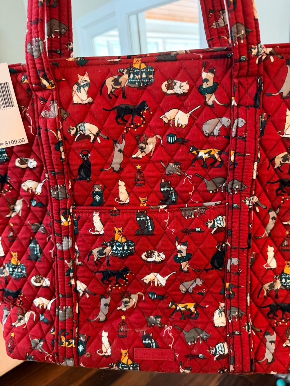 Large Vera Bradley Red Cat Pattern Quilted Xmas Tote - Picture 7 of 7